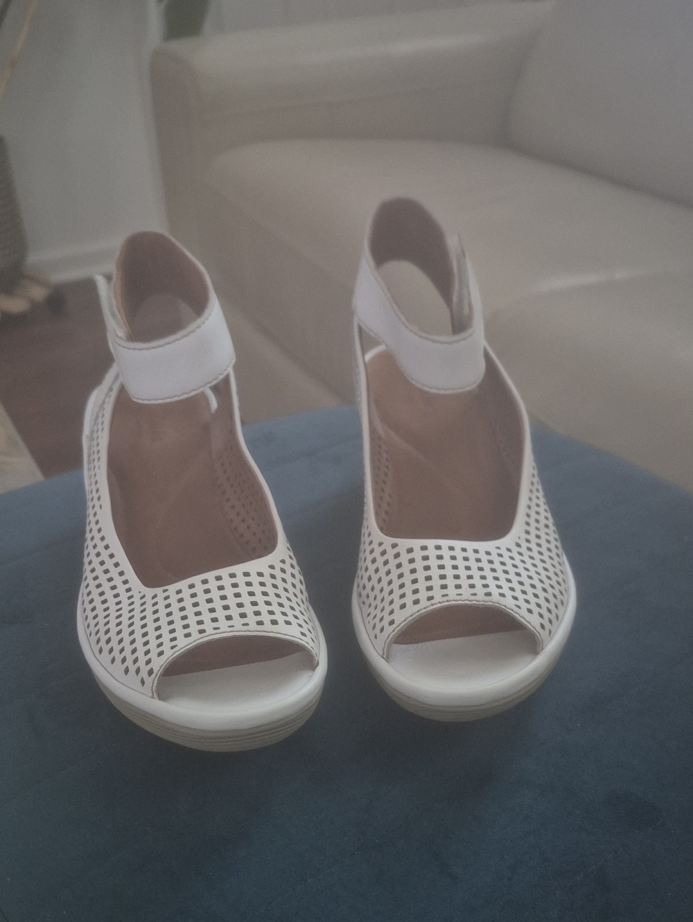 Clarks Artisan Women’s White Perforated Peep-Toe Wedge Sandals